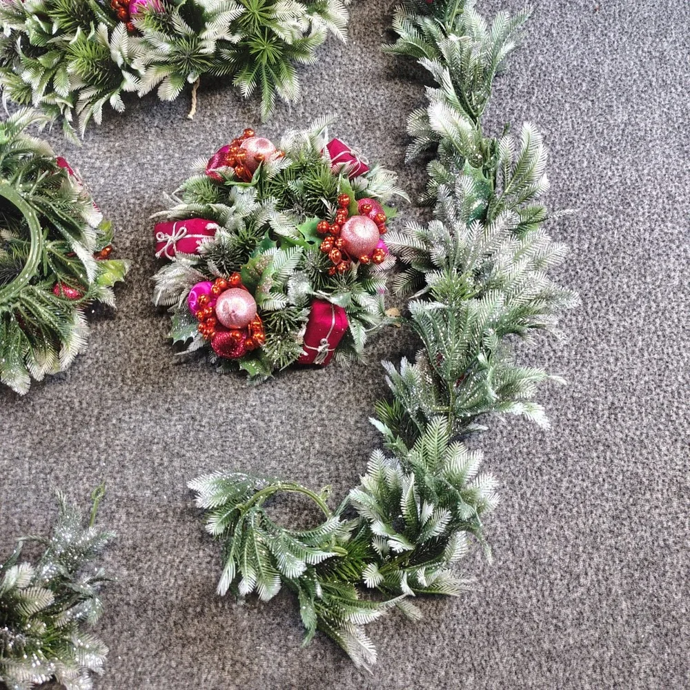 Vintage Christmas Decor Set Pink Green Frosted Garland Wreath Candle decor